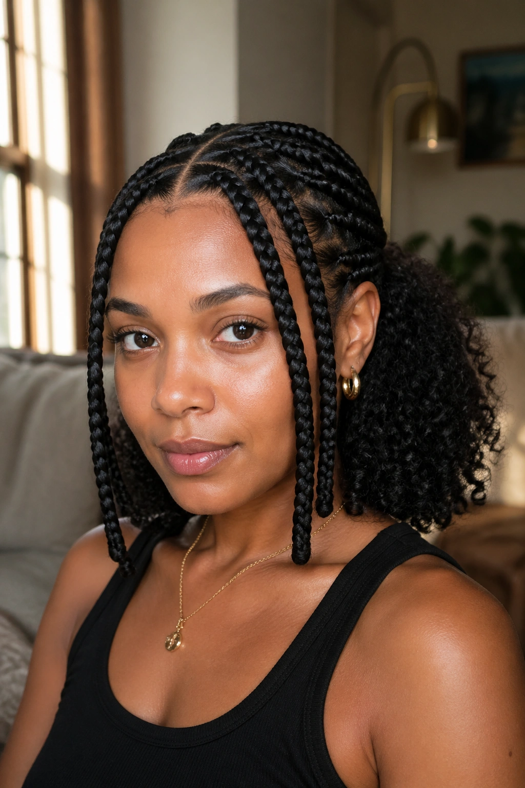 Close-up portrait of a real woman with full front box braids and curly back