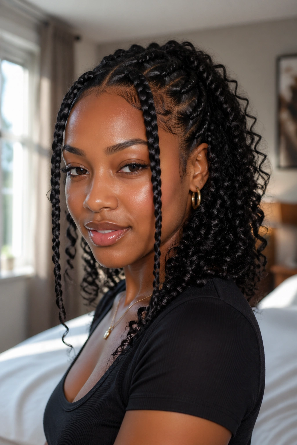 Close-up of a Black woman's face framed by front braids and back curls