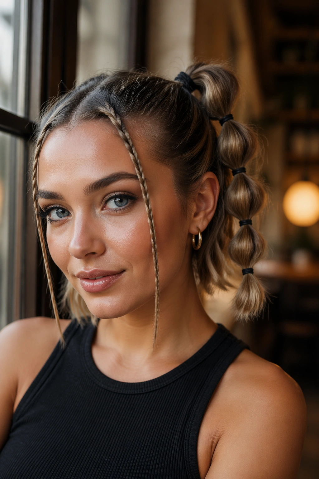 Close-up of a real person with front mini-braid bubble ponytail