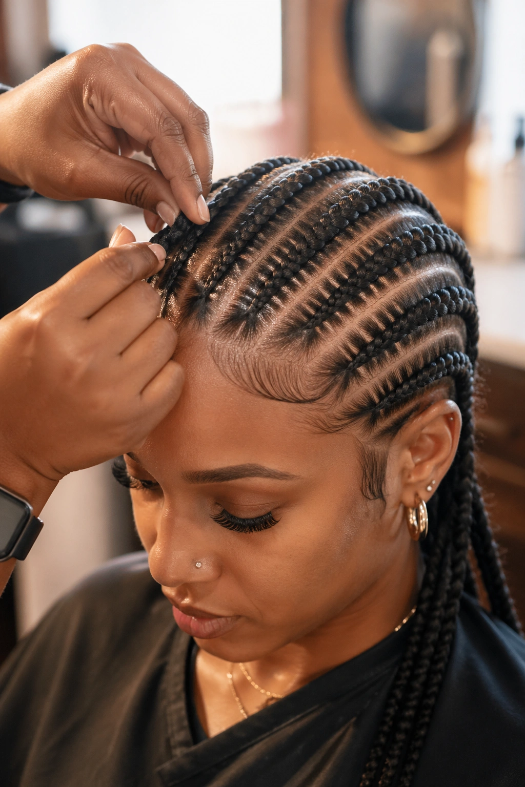 Close-up of a real person with the front cornrows being refreshed during wear.