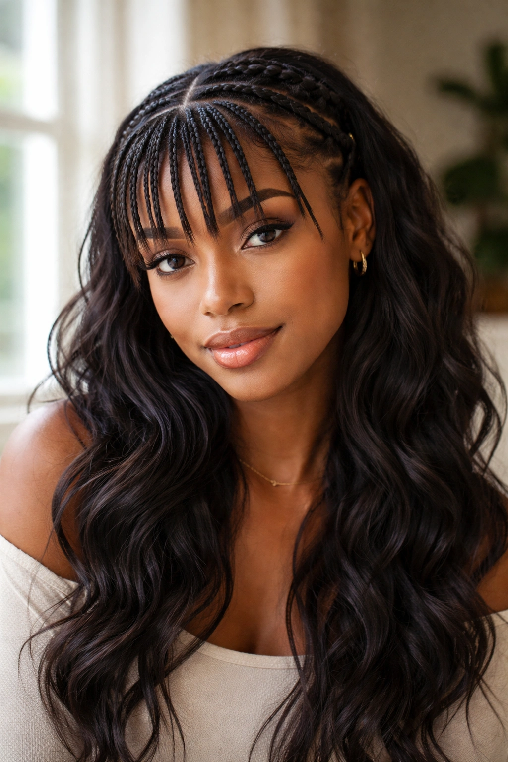 Close-up of front cornrow bangs with loose hair behind on a real woman