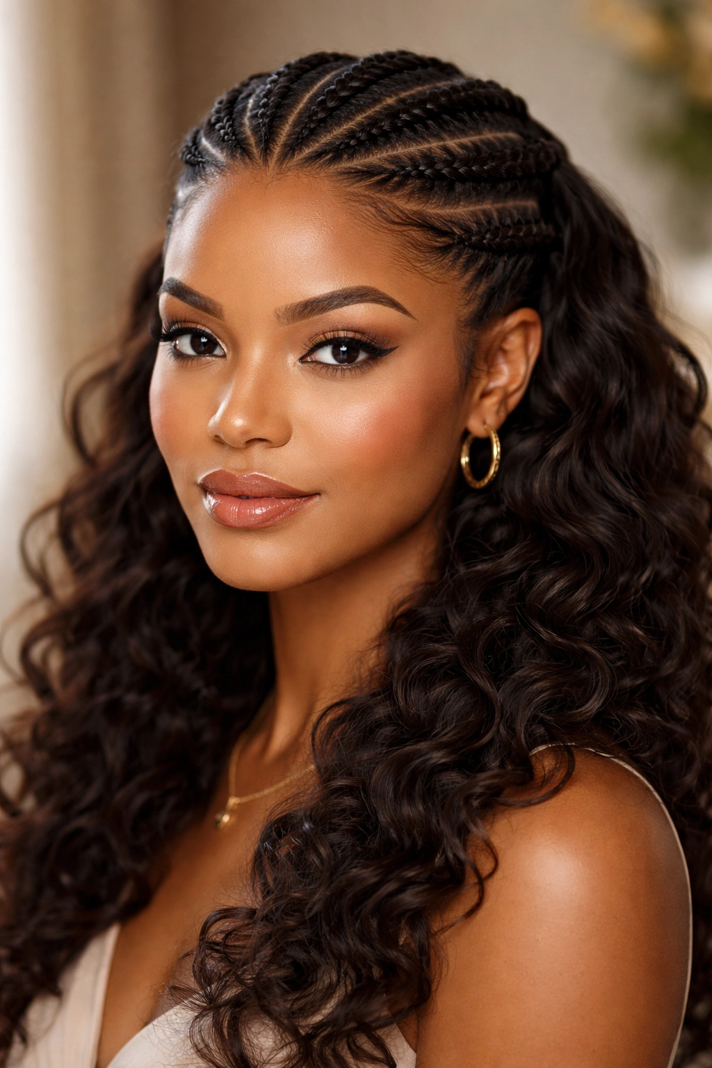 Close-up portrait of a woman with a front cornrow crown and loose curls behind