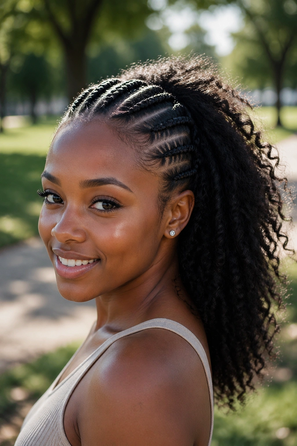 Portrait of a Black woman with front half cornrows and loose back in park light