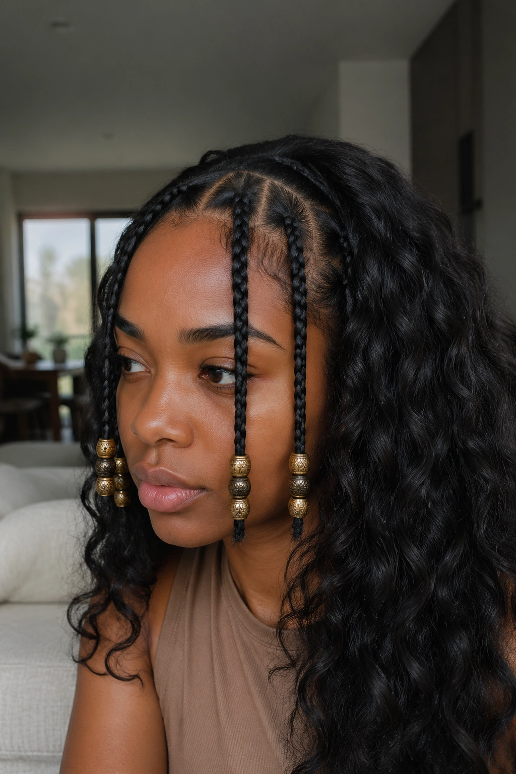 Close-up portrait of front cornrows ending in beaded tips on a real person