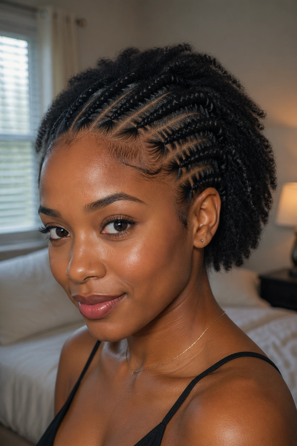 Close-up portrait of a real woman with front cornrows only and natural back hair