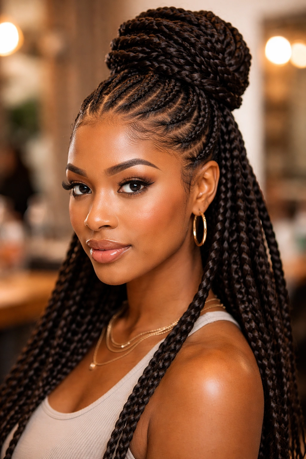 Front cornrows with box braid twist updo on a real person