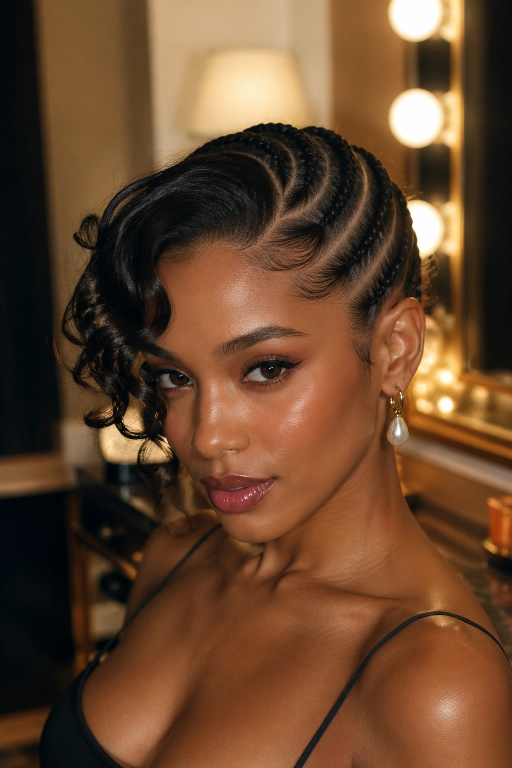 Close-up of cornrows with a front curl section over the forehead on a real person