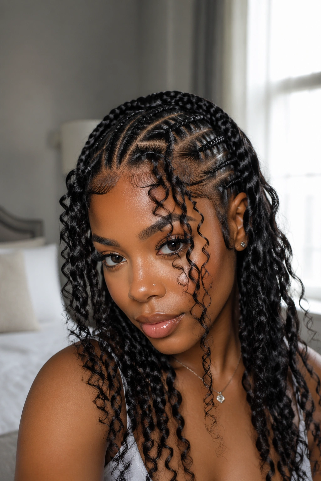 Real woman with front curtain of curls over sleek cornrows