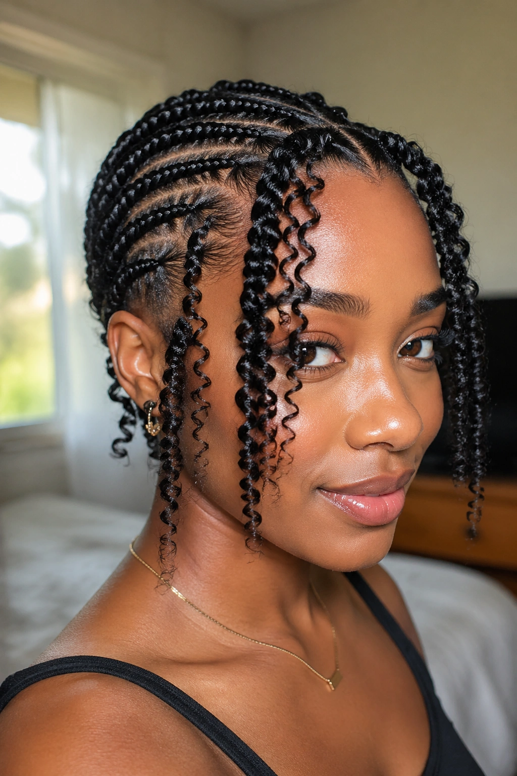 Close-up of defined coil frame with flat twists and front curl framing the face