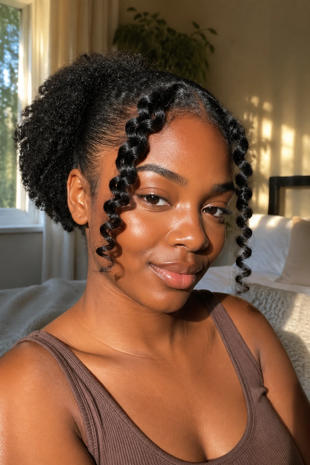 Close-up of front-only wand curls on a real woman with natural hair