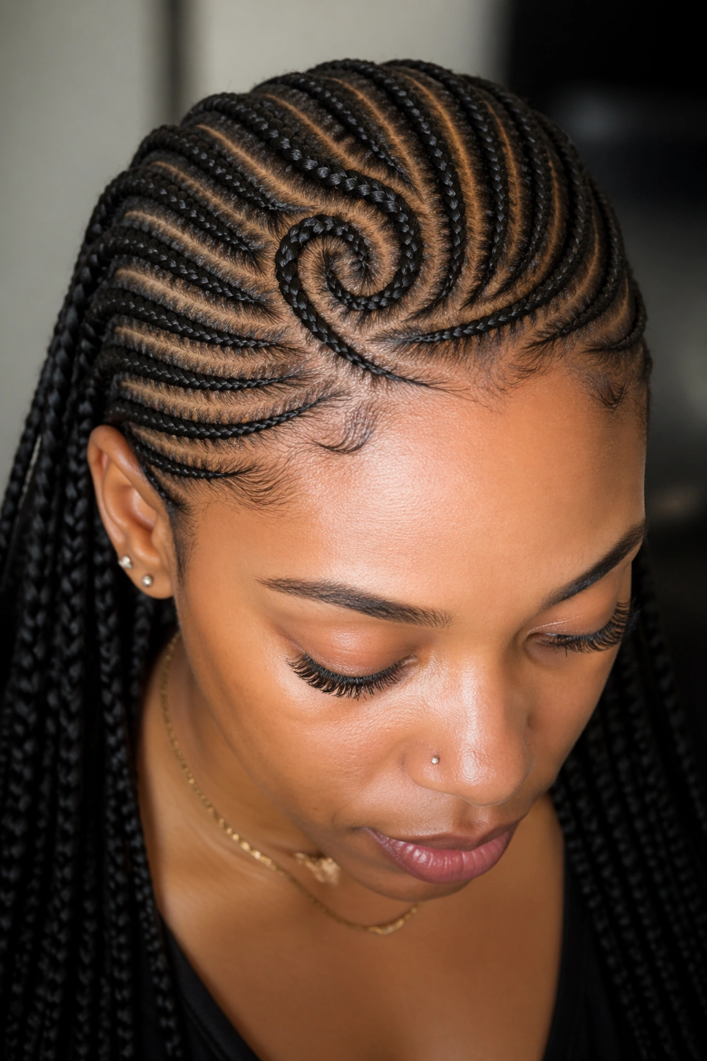 Front view of real person with cornrow front design detail behind the hairline