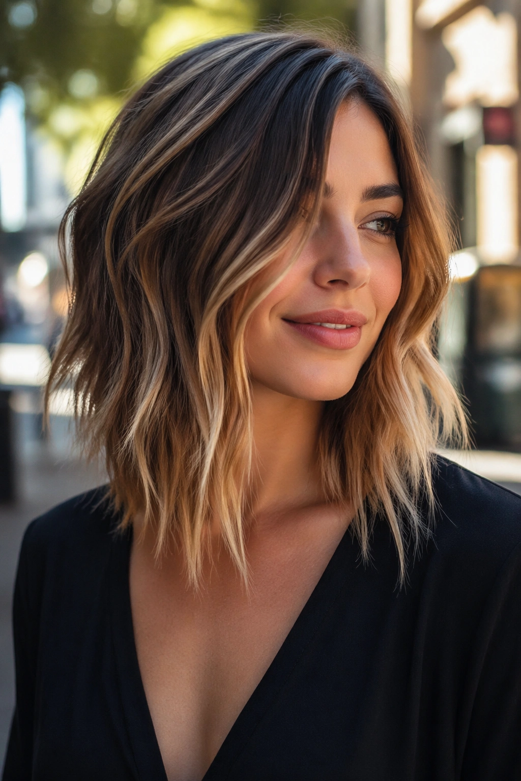 Close-up portrait of a real woman with front-long angled lob
