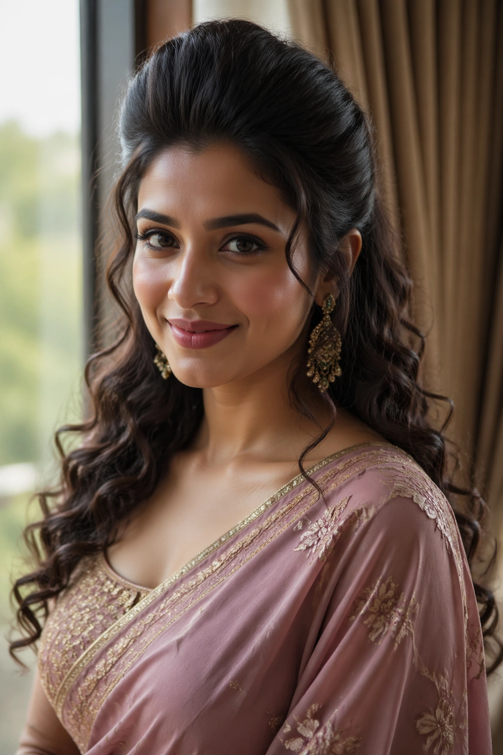 Close-up portrait of a woman with a front puff and open curls wearing a saree in soft indoor light