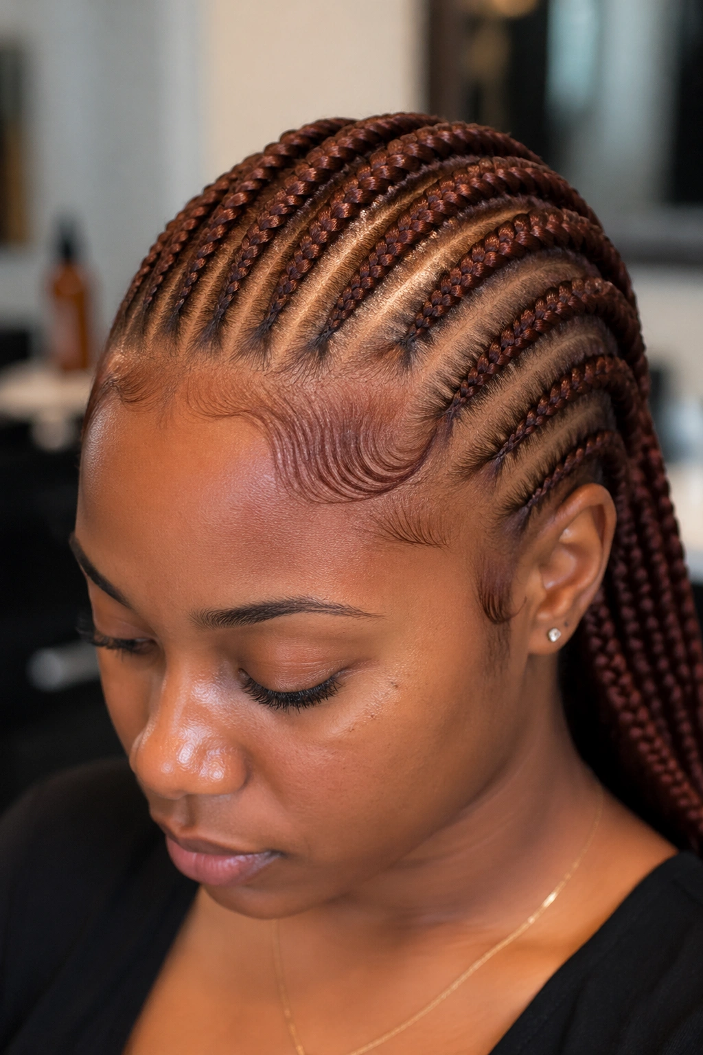 Close-up of refreshed front cornrows with back braids still intact on a real person