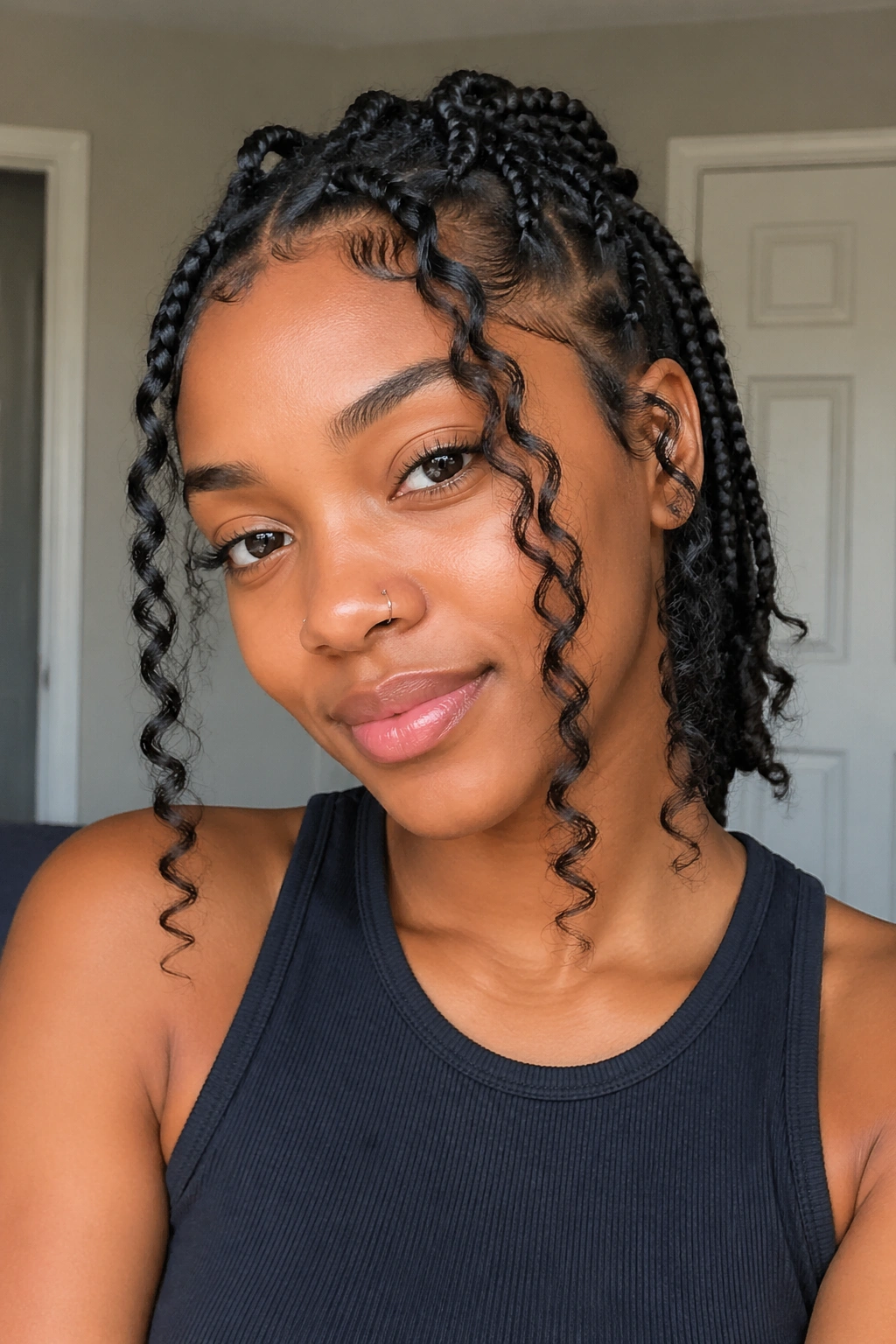 Close-up of a real person with front long curly tendrils among braids