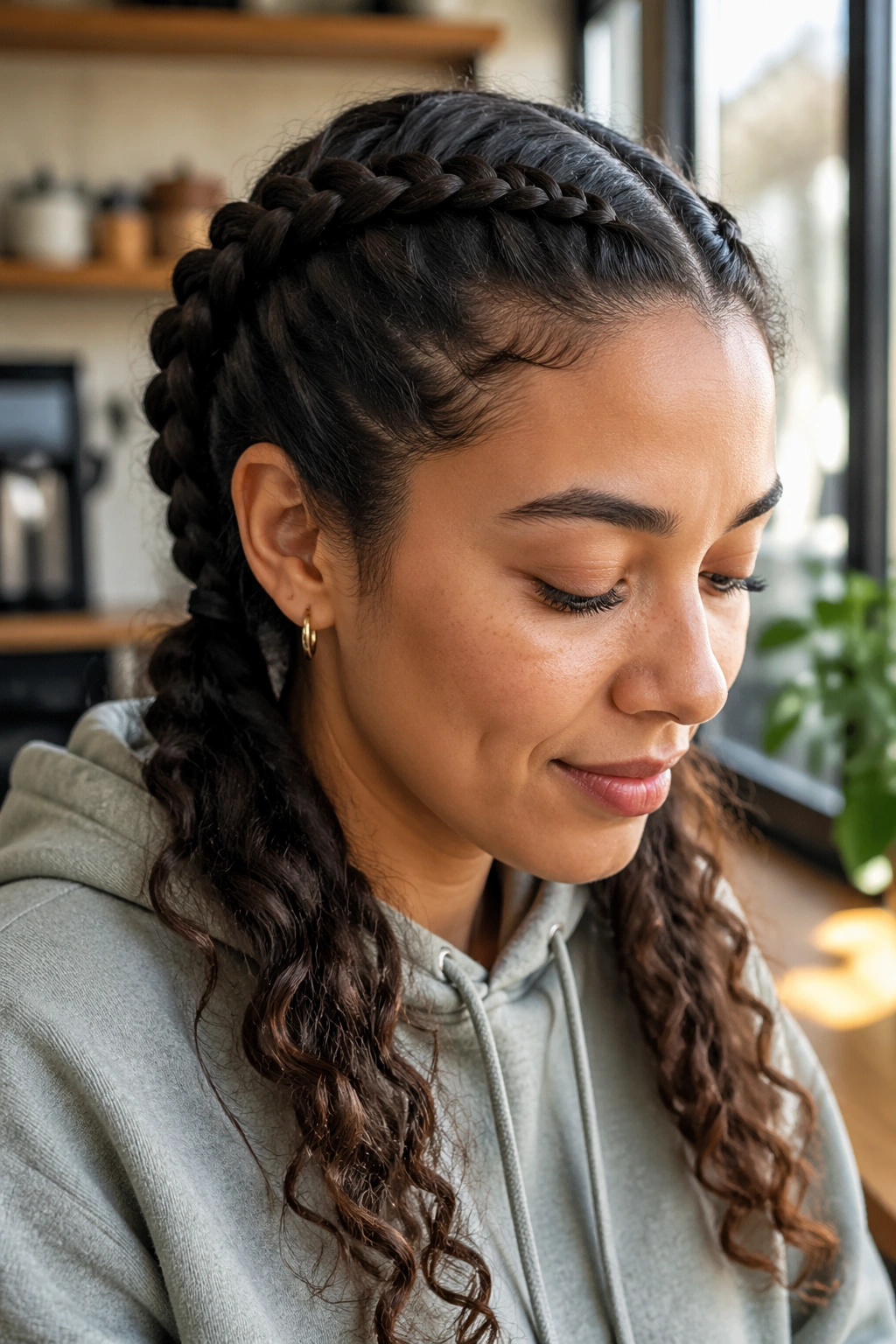 Close-up of a real woman with front-to-back French braids along the hairline.