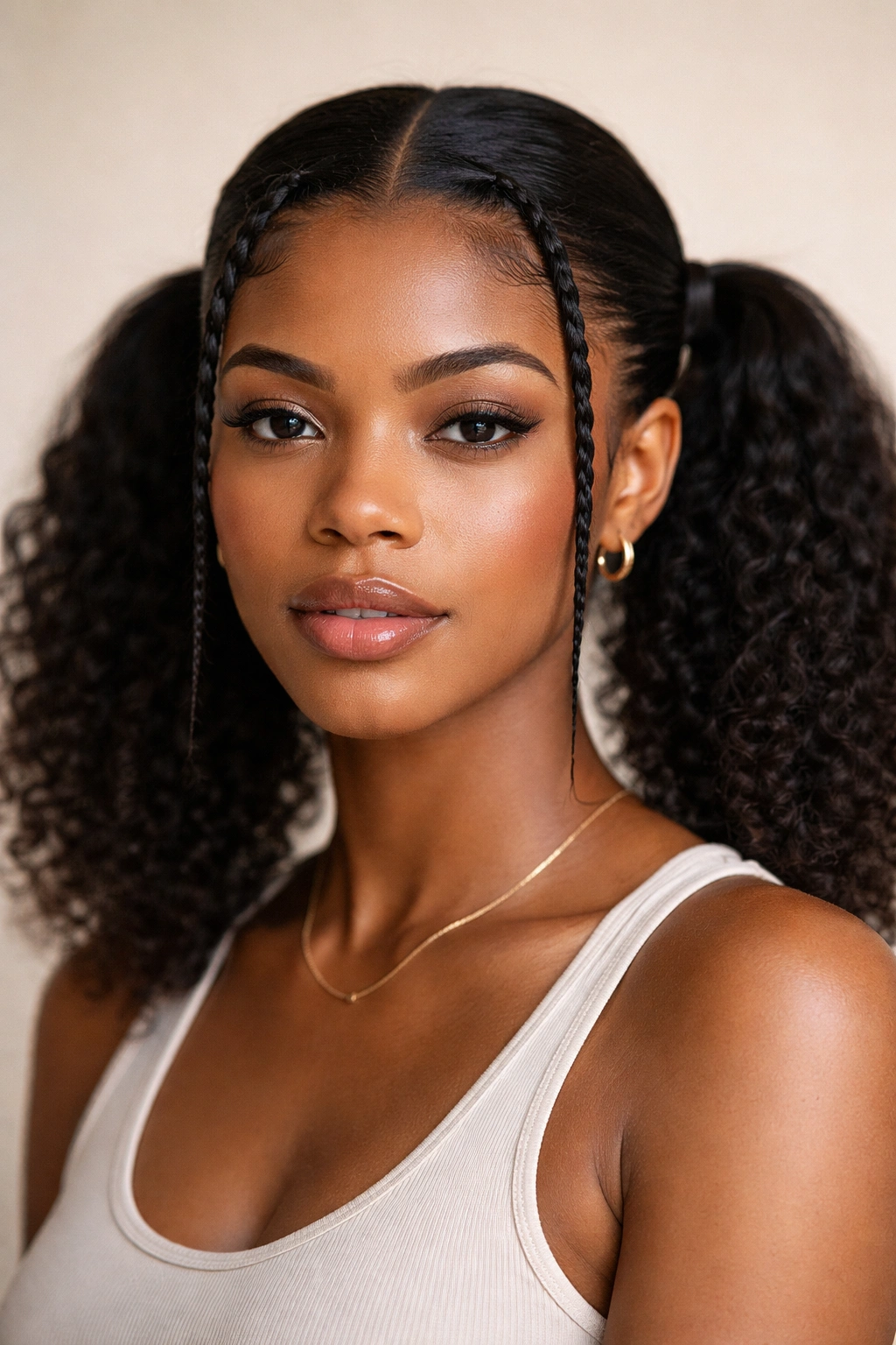 Close-up of double ponytails with twisted front corners framing natural hair