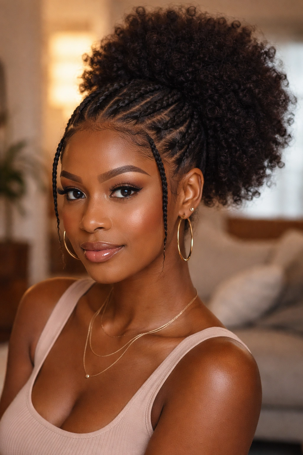 Real woman with front twists flowing into a puff