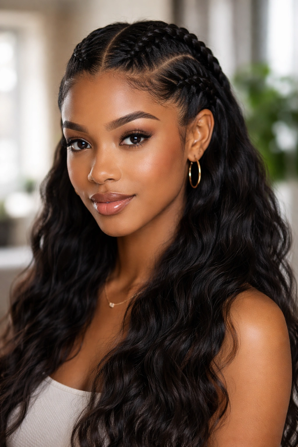 Close-up of real woman with two front cornrows and free hair behind