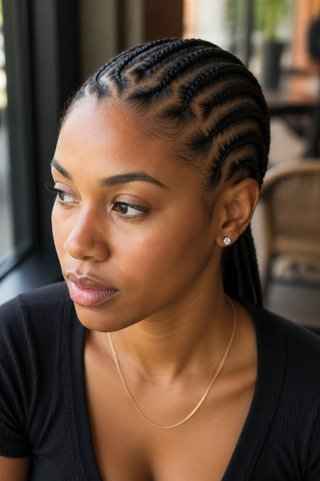 Portrait of a woman with front zigzag cornrows and straight-back braids
