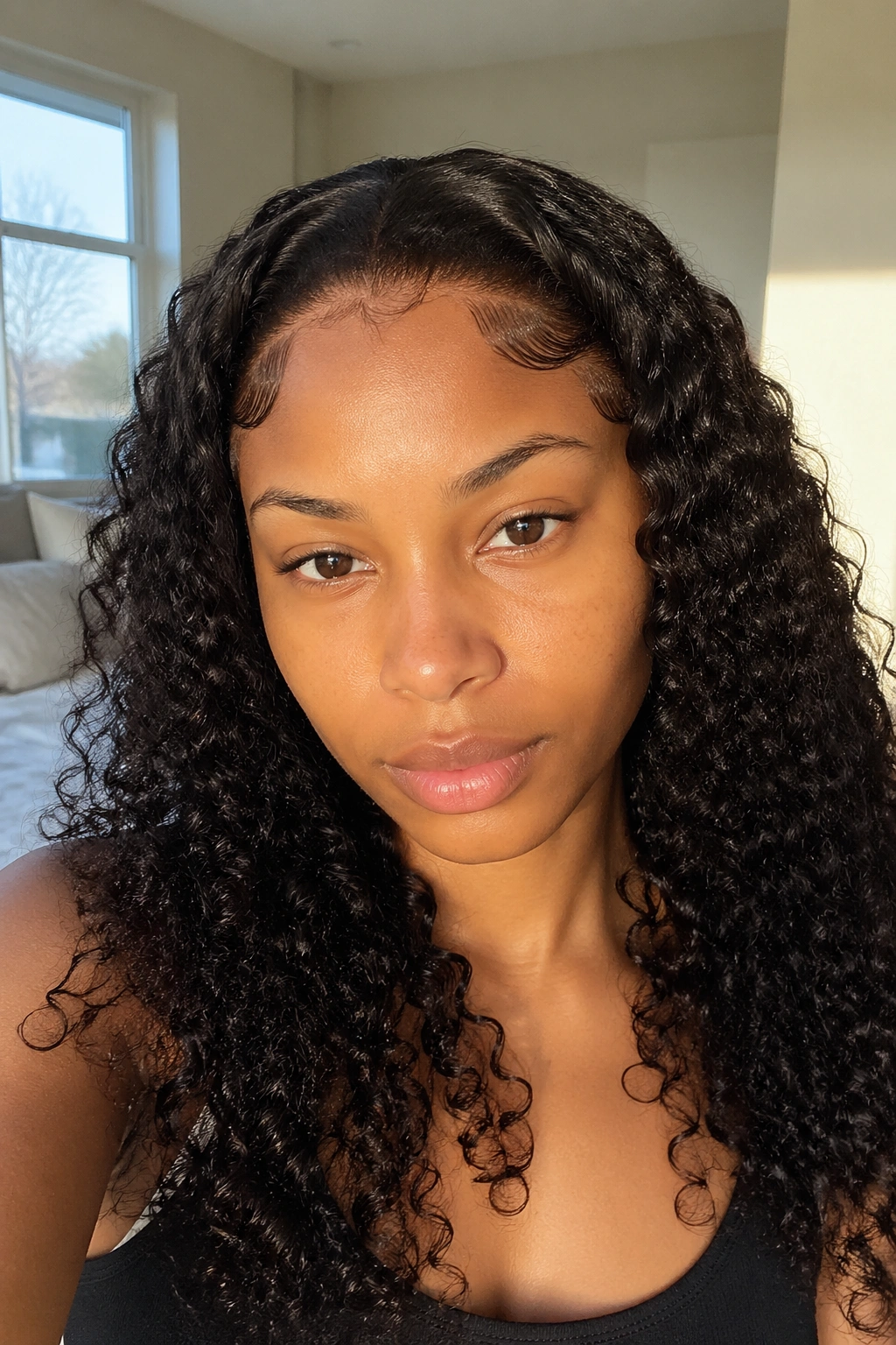 Close-up of real woman with frontal curly sew-in and sparse baby hairs in morning light