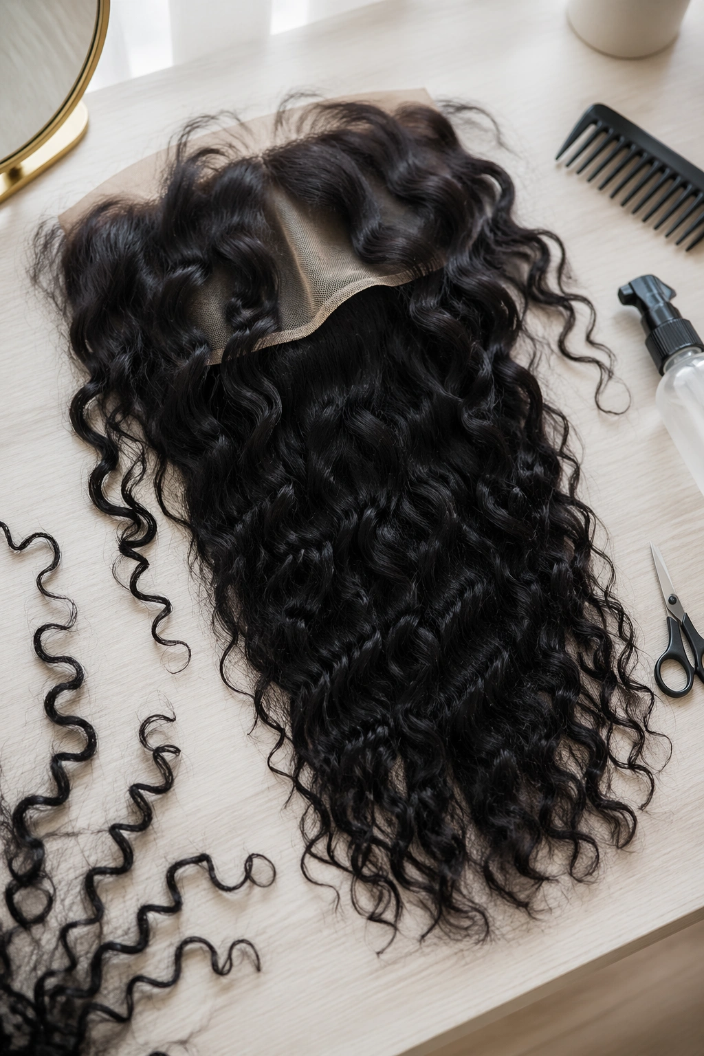 Layered water-wave frontal with curtain curls laid out on a vanity with styling tools.