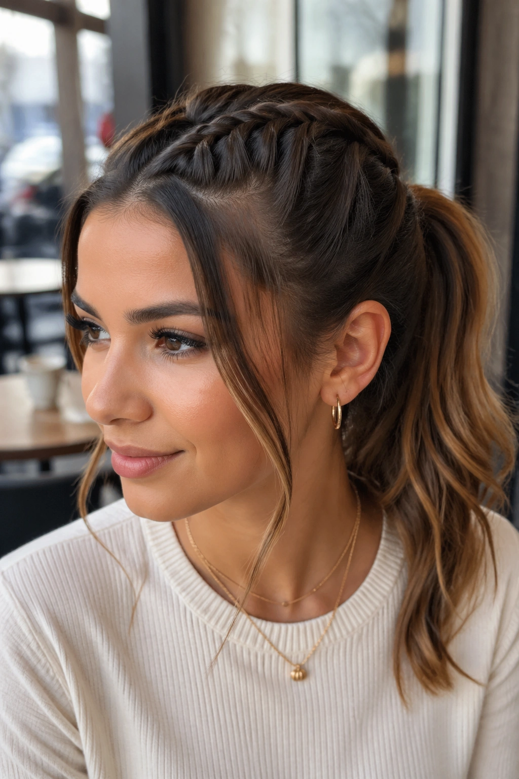 Real woman with front Dutch braid to ponytail and face-framing swoops