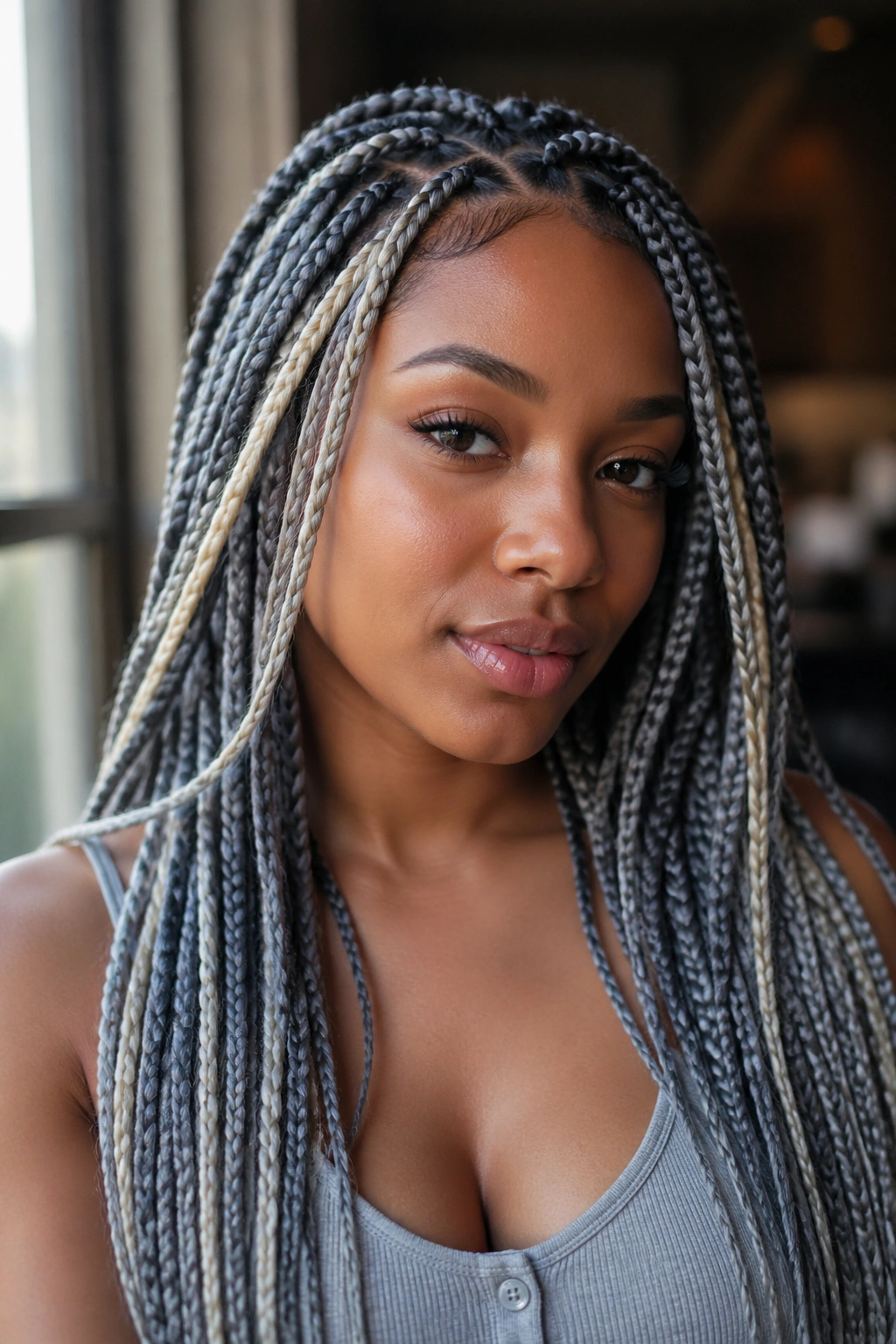 Close-up of a real person wearing frosted grey box braids with blonde highlights framing the face