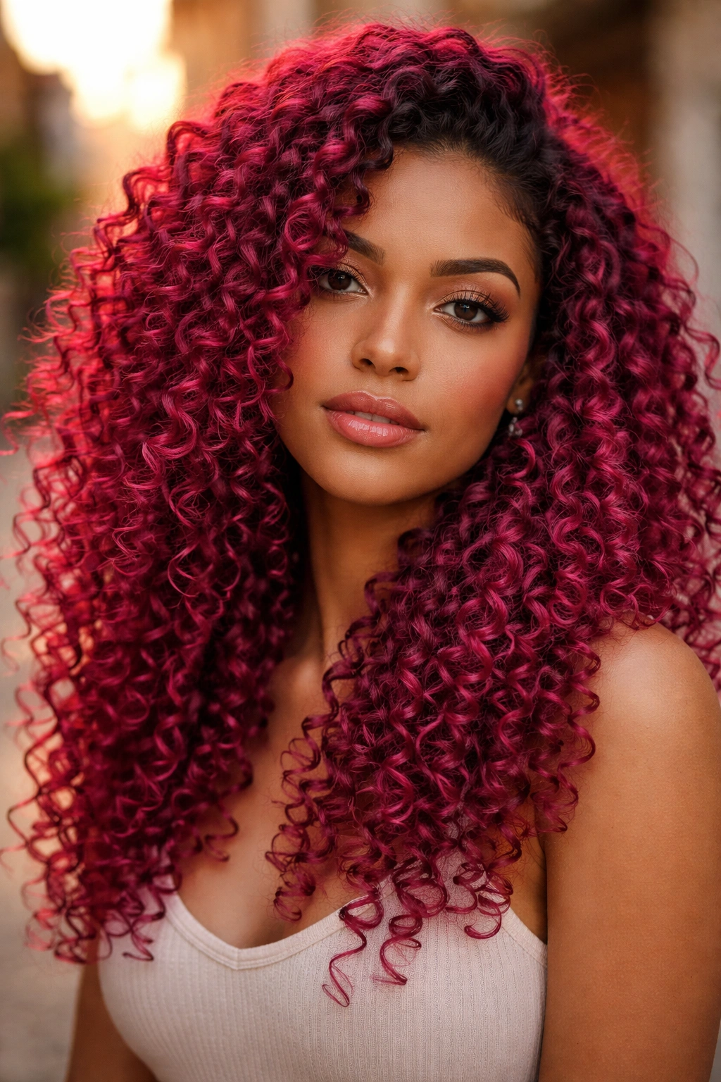Close-up portrait of a real woman with deep fuchsia 3C curls