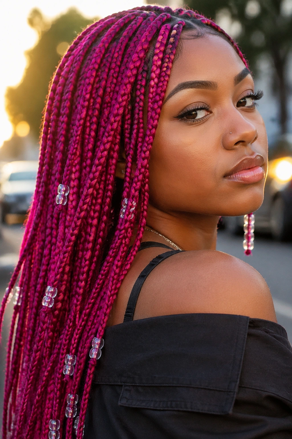 Close-up portrait of a real woman with fuchsia box braids and clear beads