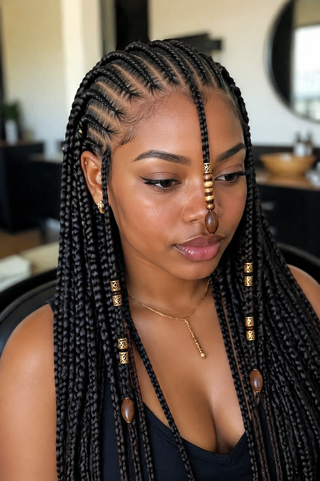 Real woman with Fulani accented cornrows and box braids