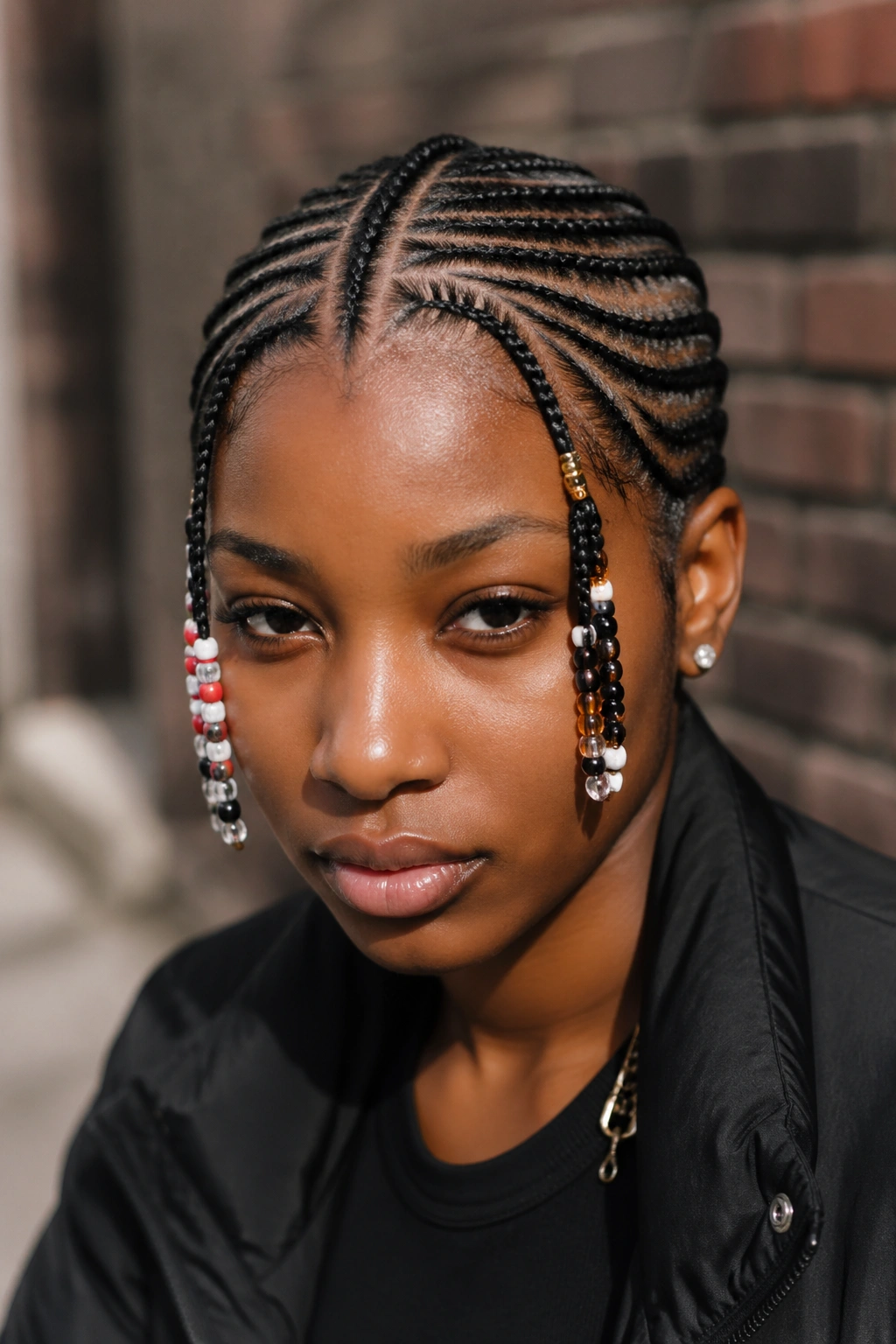 Portrait of Fulani cornrows with asymmetric bead distribution.