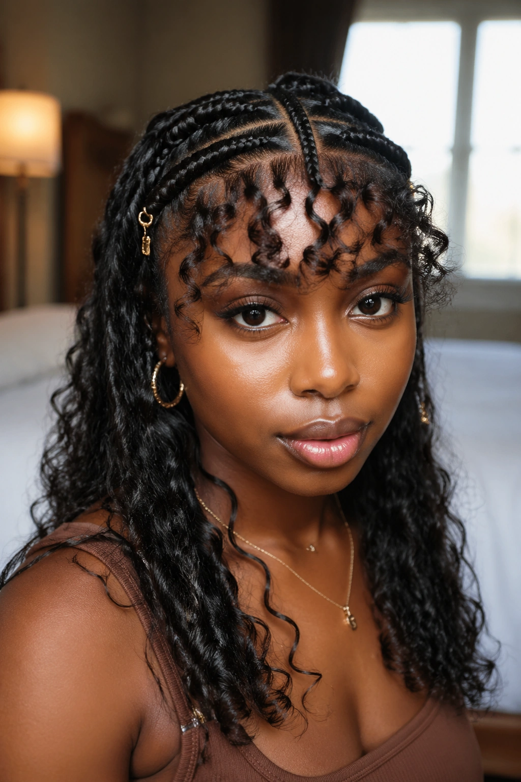 Close-up of a real woman with Fulani curly bangs and center braid