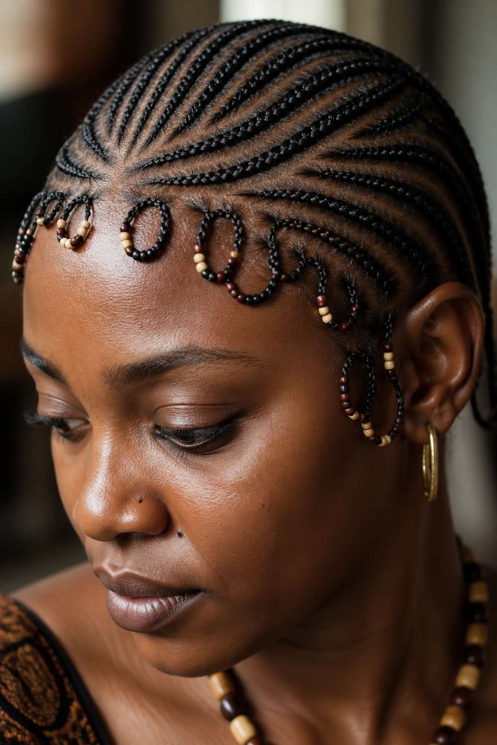 Close-up of Fulani beaded edge loops along hairline on a real woman