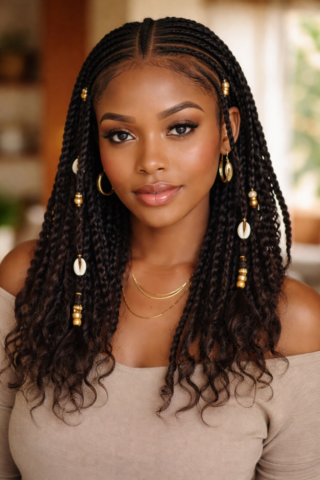 Real woman with Fulani braids featuring central cornrow base and side braids with beads