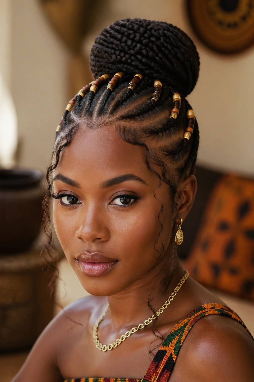 Fulani-inspired cornrows with beads forming a crown bun on a real woman's head
