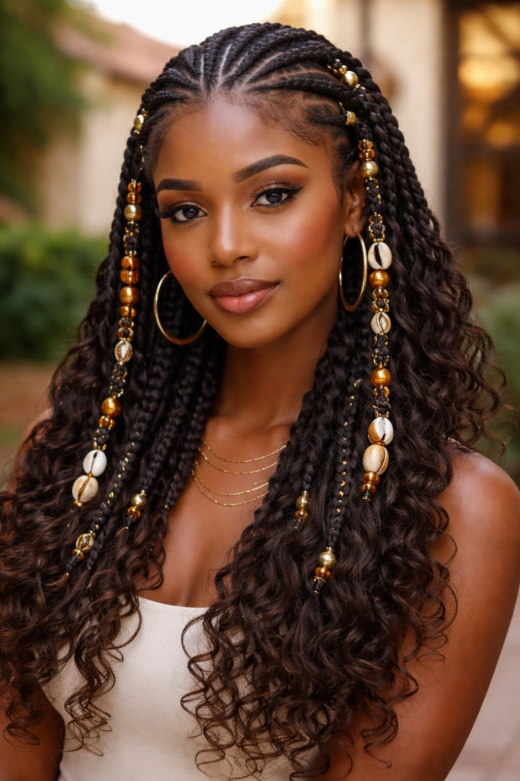 Portrait of a woman with decorated Fulani braids featuring beads and gold cuffs.