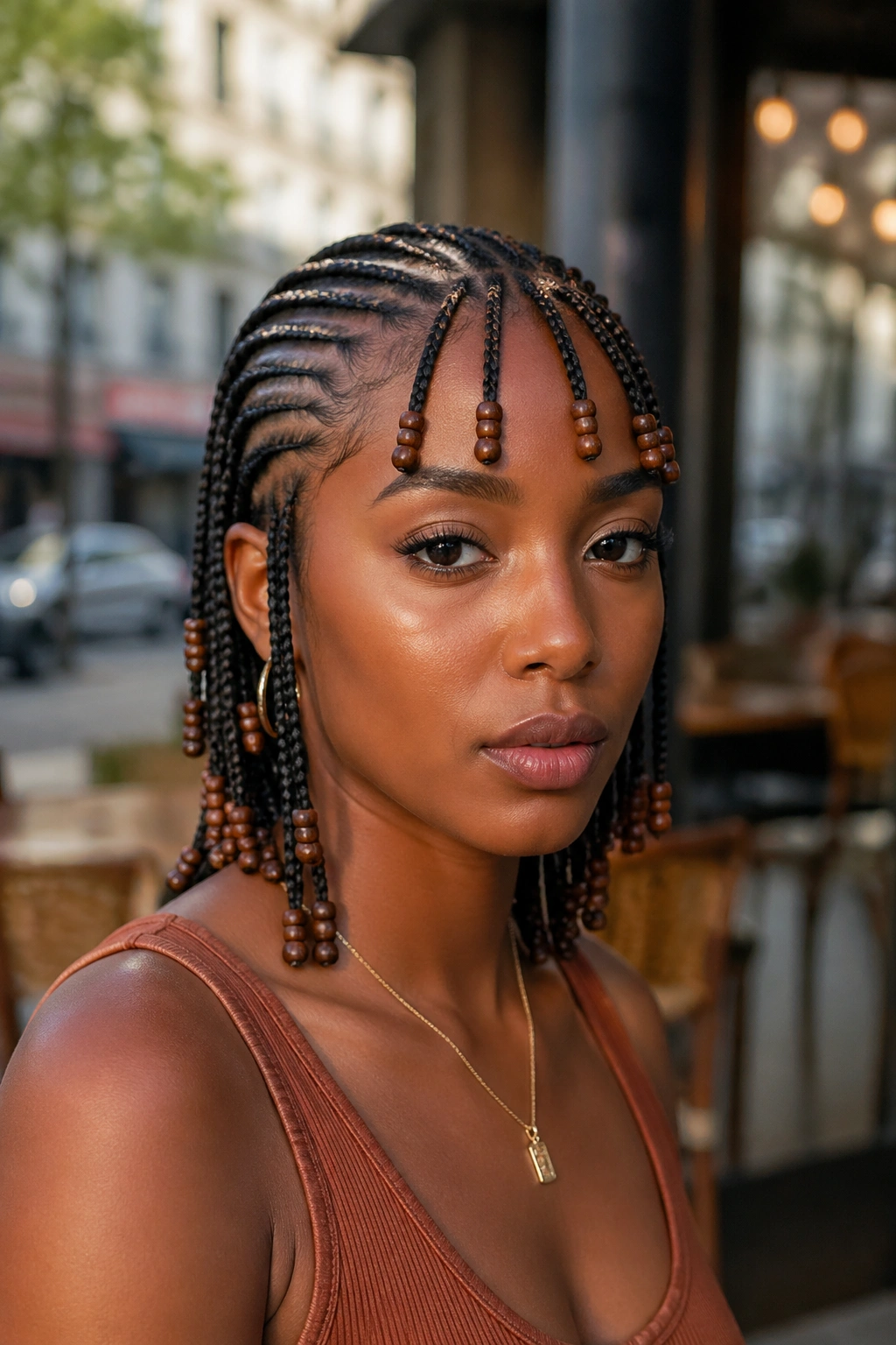 Real-person portrait with forehead bead drops on Fulani cornrows.