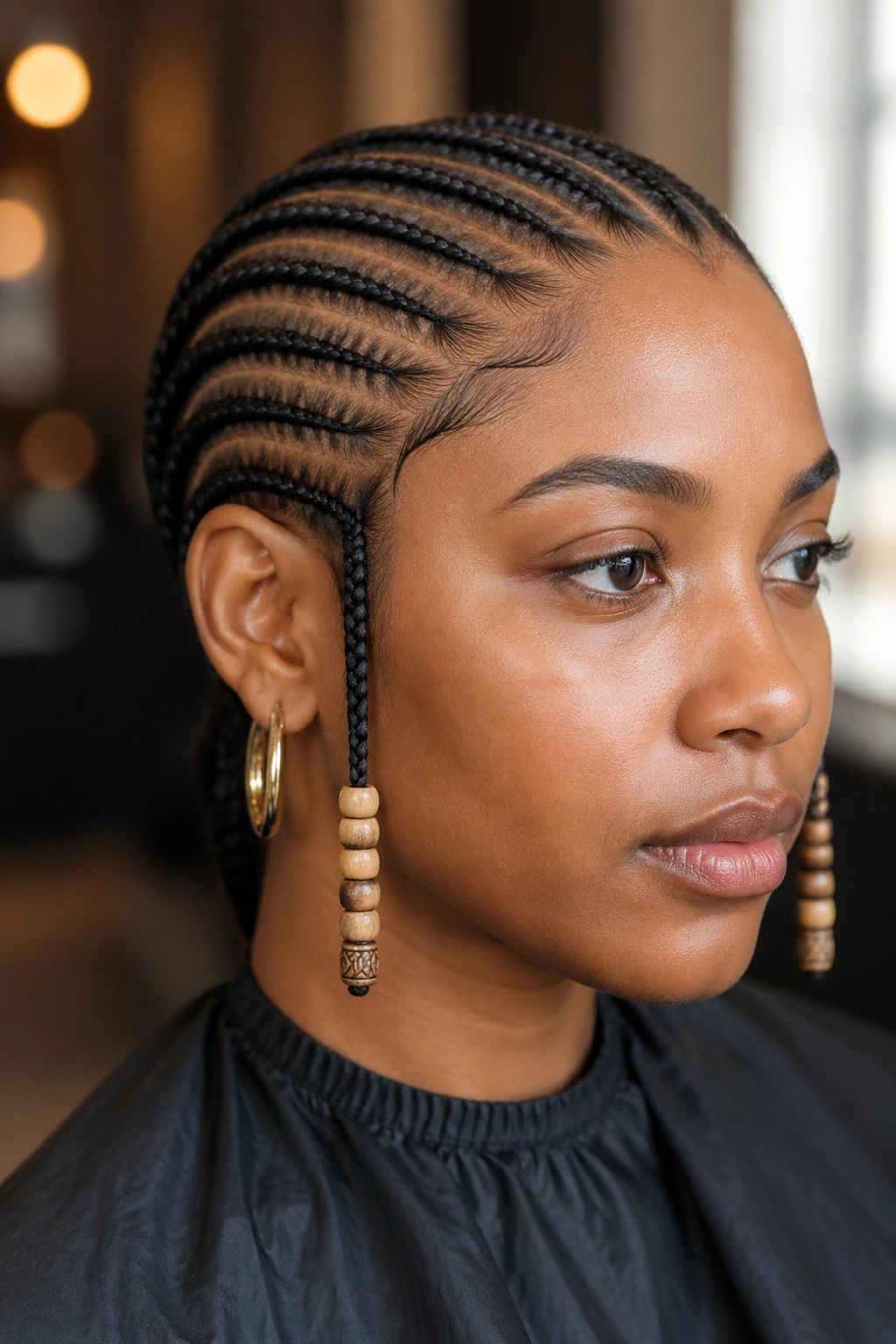 Classic Fulani cornrows with wooden beads at the temples