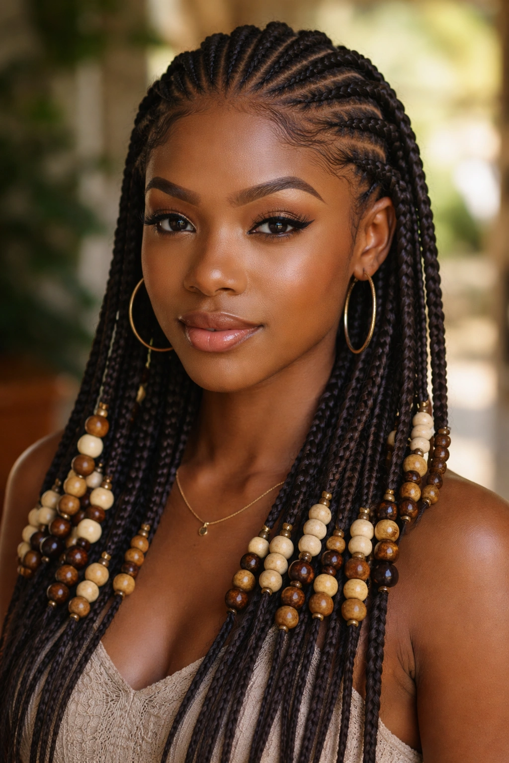 Close-up of Fulani cornrows with wooden beads on multiple braids