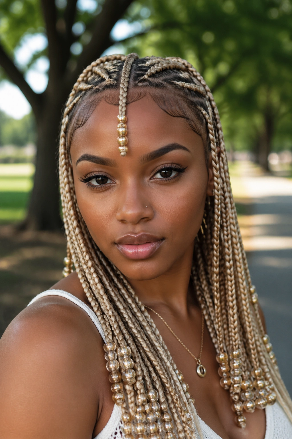 Portrait of real woman with Fulani-inspired blonde braids and center beadwork