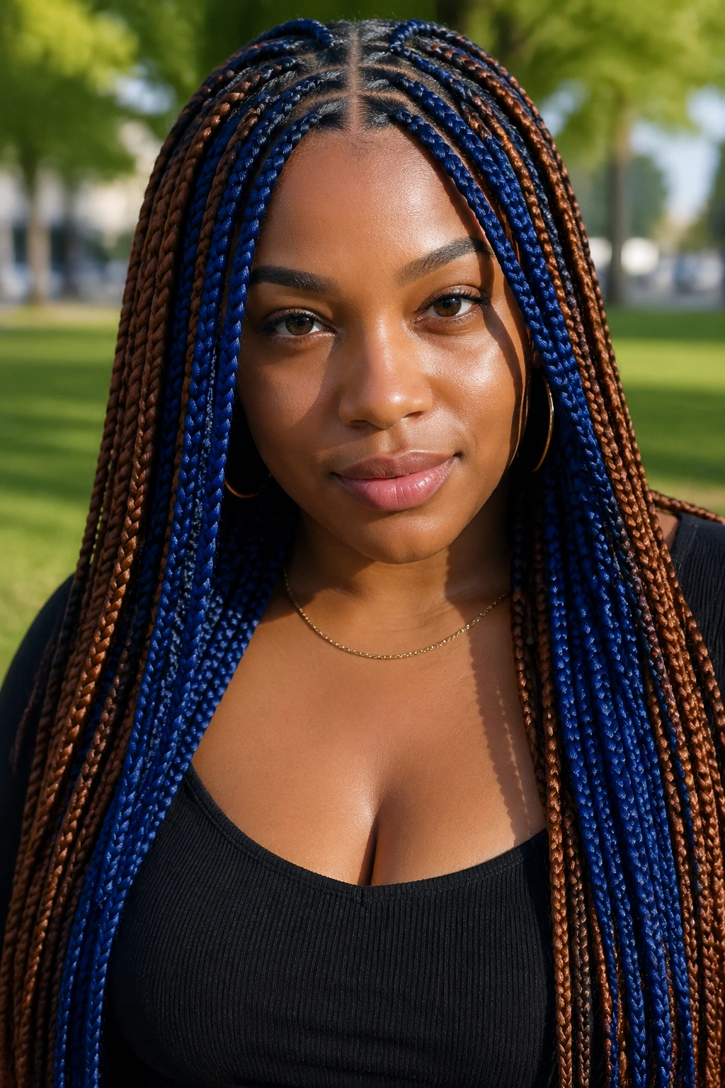 Real person with Fulani-inspired blue and brown box braids