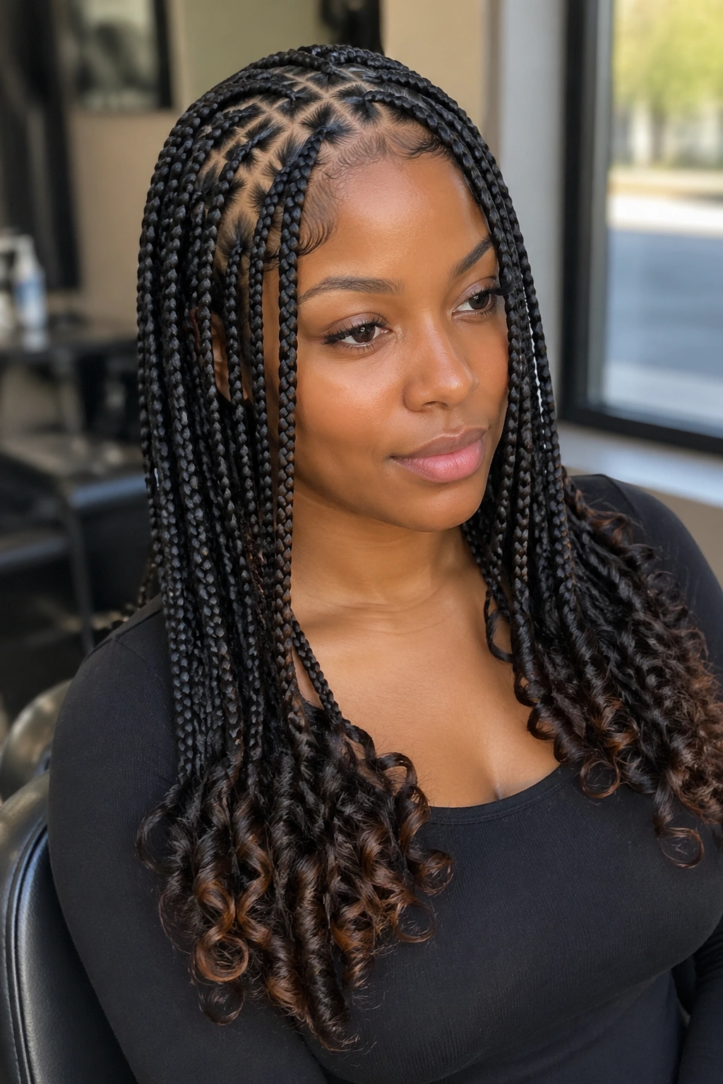 Close-up portrait of real woman with Fulani box braids curled ends in a softly lit salon