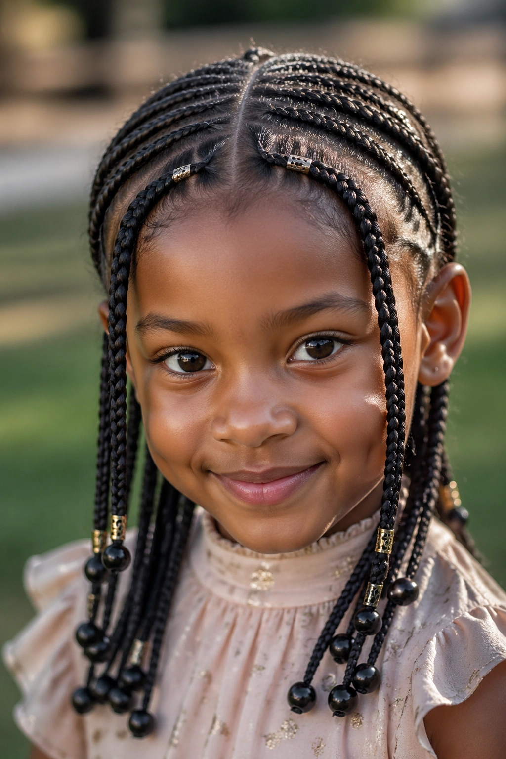 Close-up of a child with Fulani-inspired box braids in a sunlit park