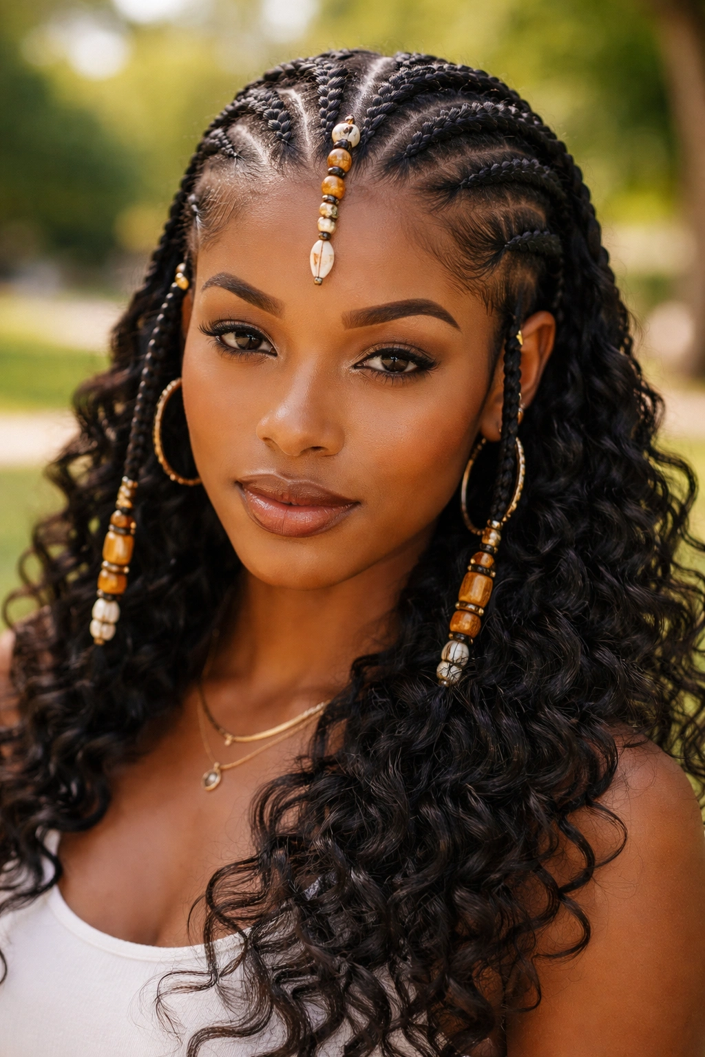 Close-up of a real woman's Fulani braids showing center spine with beads and angled side braids.