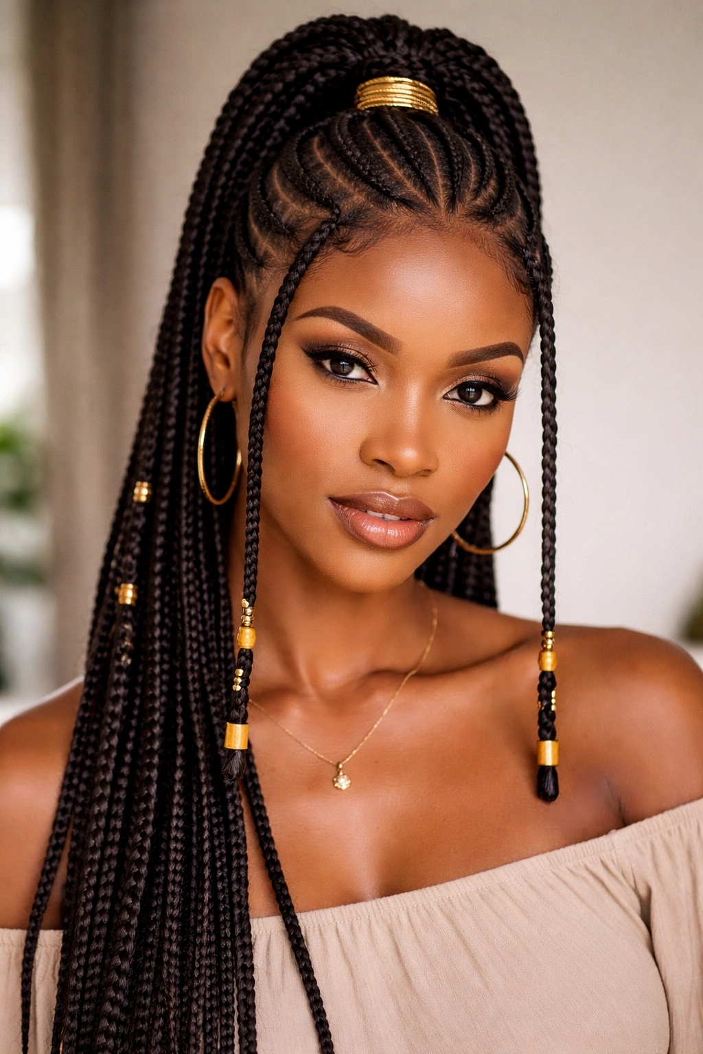 Fulani-inspired braided ponytail with center part