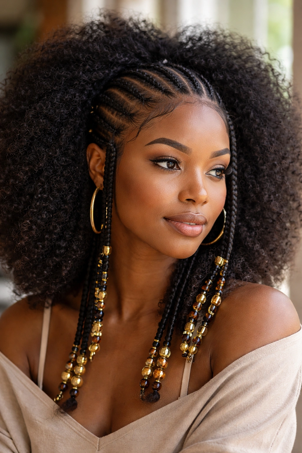 Close-up of Fulani braids with full Afro volume on a real person