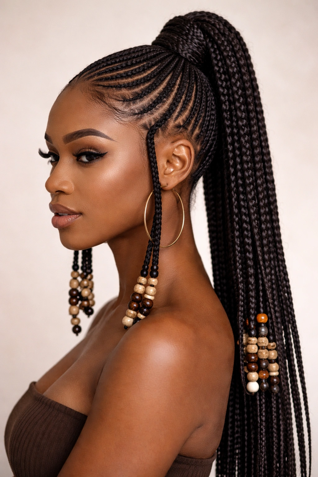 Fulani-inspired cornrows converging into a high pony with beads at temples and nape.