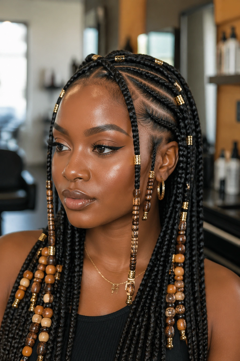 Close-up portrait of a real woman wearing Fulani braids with decorative beads.