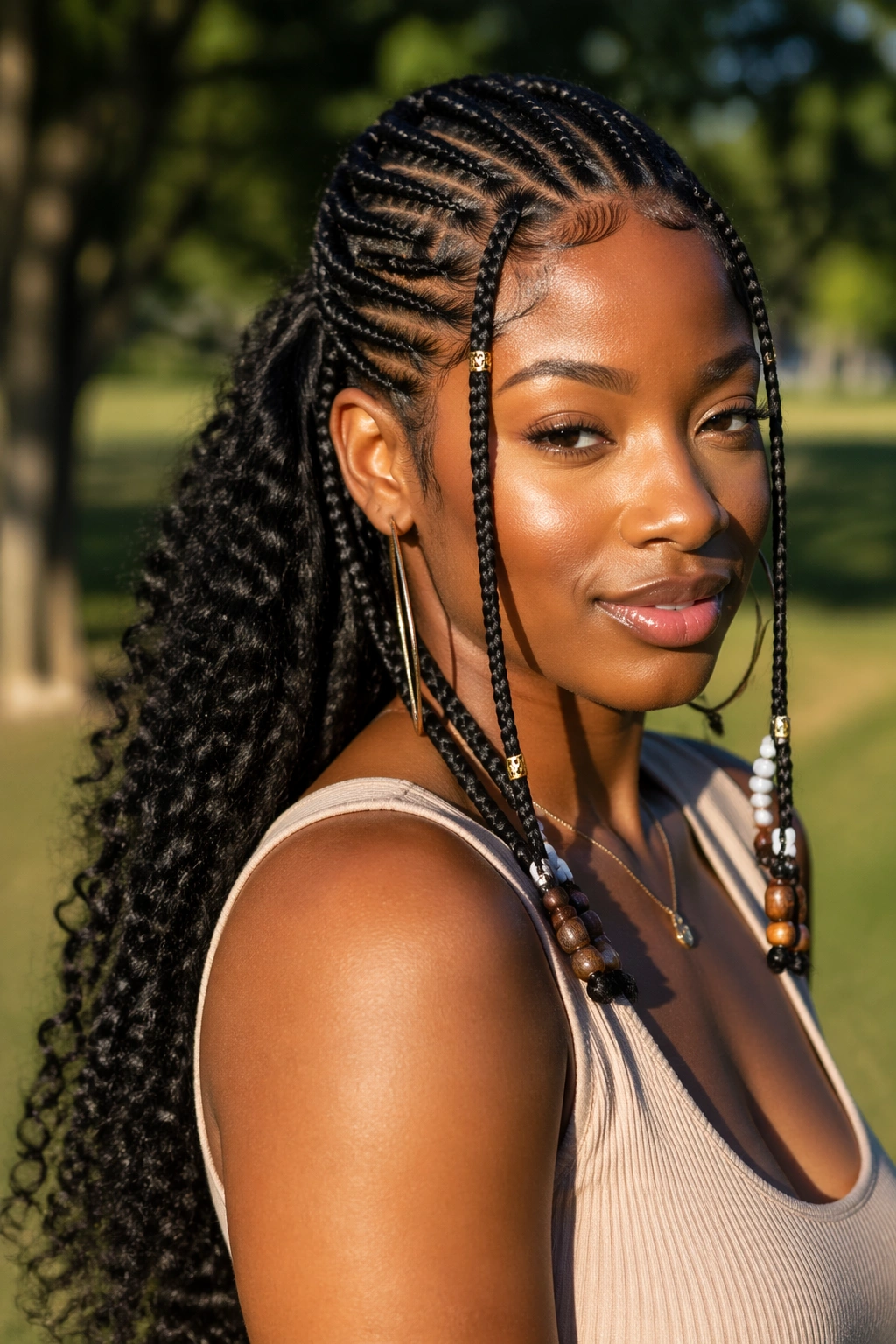 Portrait of a real woman with Fulani braids and curly back length with beads